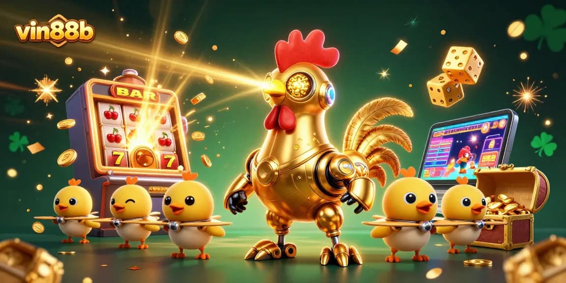 Spin the reels with vin88b in this vibrant casino robotics scene featuring jackpot excitement and dynamic game elements.