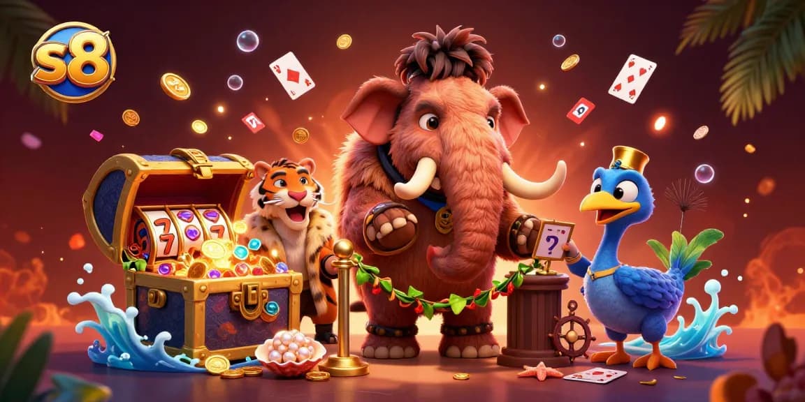 Experience the vibrant s8 online casino with interactive elements and a fun 3D character scene.