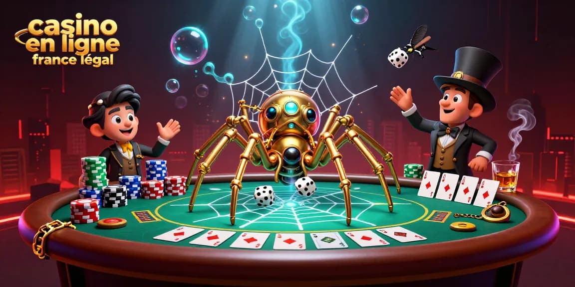 Illustration captivante d'un casino en ligne France légal avec une araignée steampunk et des éléments de jeu