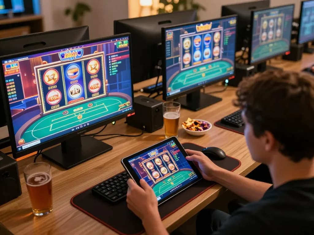 Player engaging with Rikvip app on a stylish tablet during a cozy online gaming session