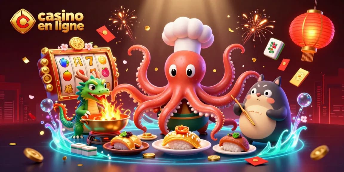 Visualisez l'univers du casino en ligne avec un chef poulpe, un dragon et un client tanuki dans une illustration vibrante.