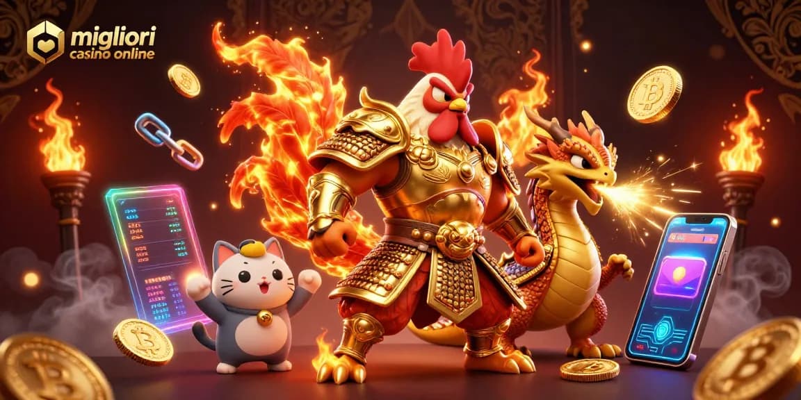 Immagine dei migliori casino online con un guerriero gallo e un drago, simboli di criptovalute e casinò.