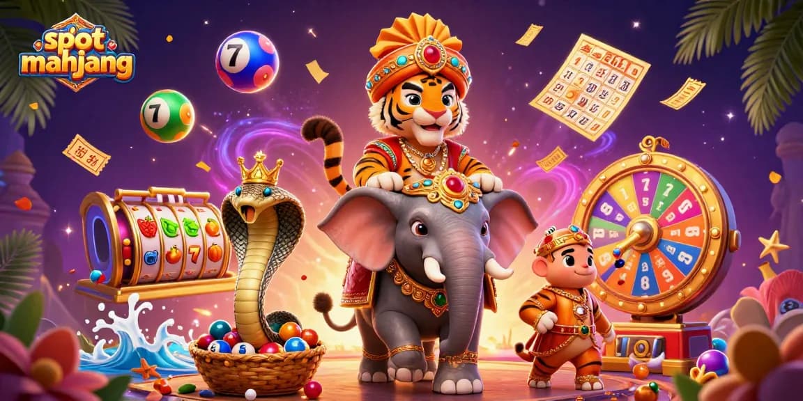 Engage with slot mahjong in a vibrant casino scene featuring majestic characters and dynamic elements.