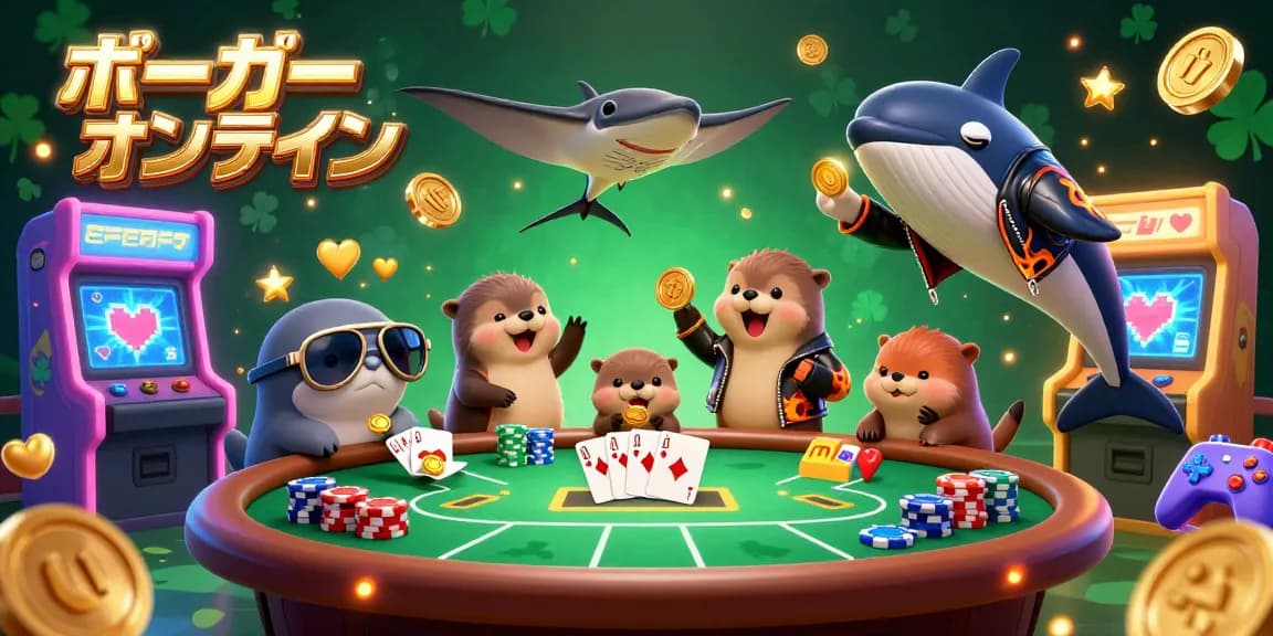 ポーカー オンラインのテーブルで遊ぶ3Dキャラクターたちが賑やかに描かれたイラスト。