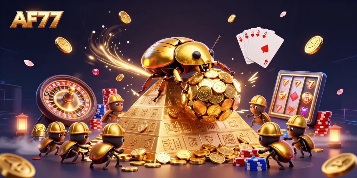 Spin the reels at AF77 with exciting casino elements depicted in a vibrant 3D scene.