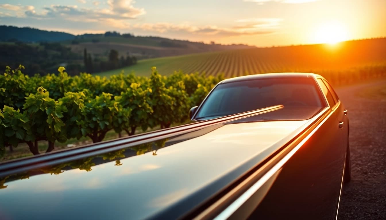 A stunning winery tour limousine parked among lush vineyards at sunset, showcasing luxury travel.