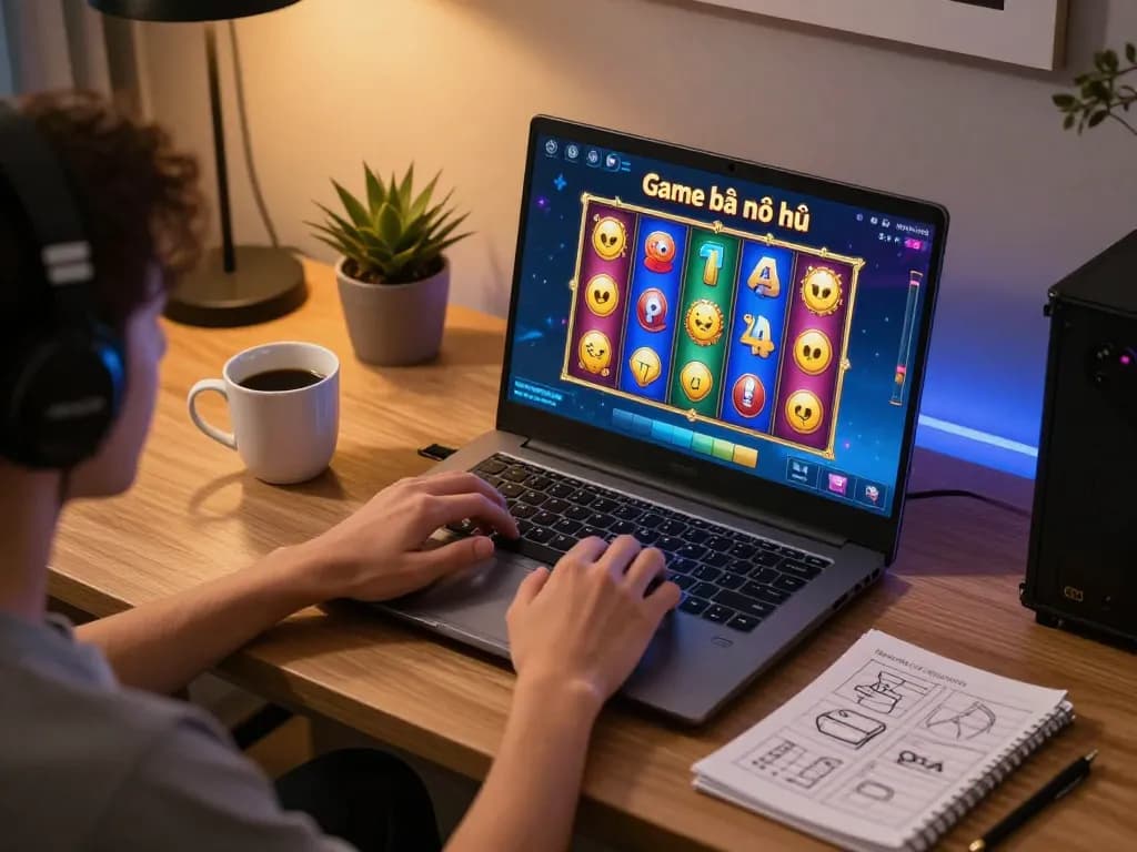 Playing Game bài nổ hũ online using a laptop at home in a cozy setting.