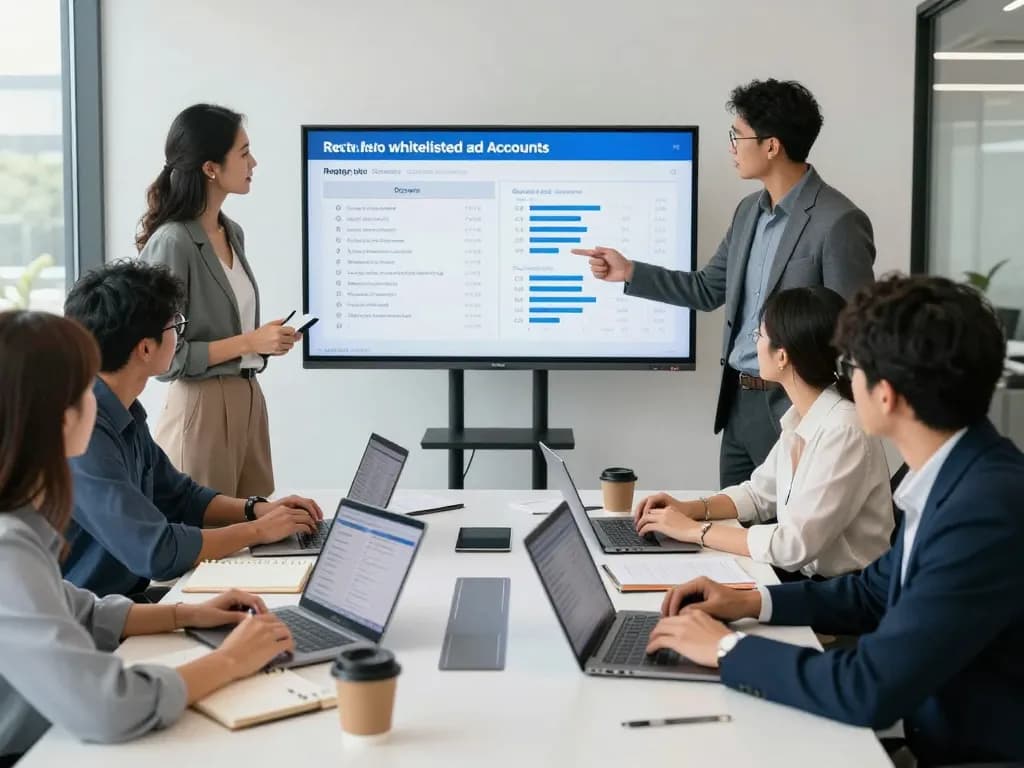 Marketing team discussing the advantages of meta whitelisted ad accounts rent in a modern office.