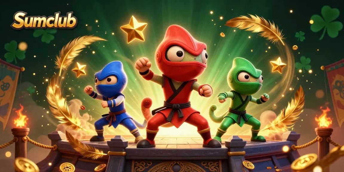 Experience excitement at Sumclub with ninjas in action amidst gold coins and vibrant casino elements.