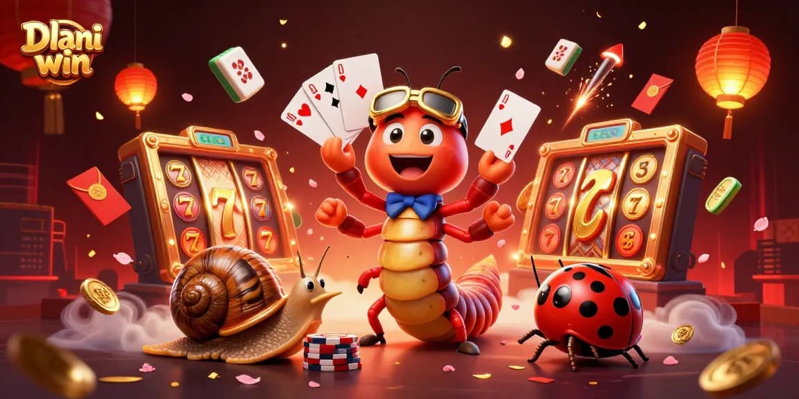 Dhani win engagingly showcases a vibrant casino scene with a millipede dealer and lucky characters.