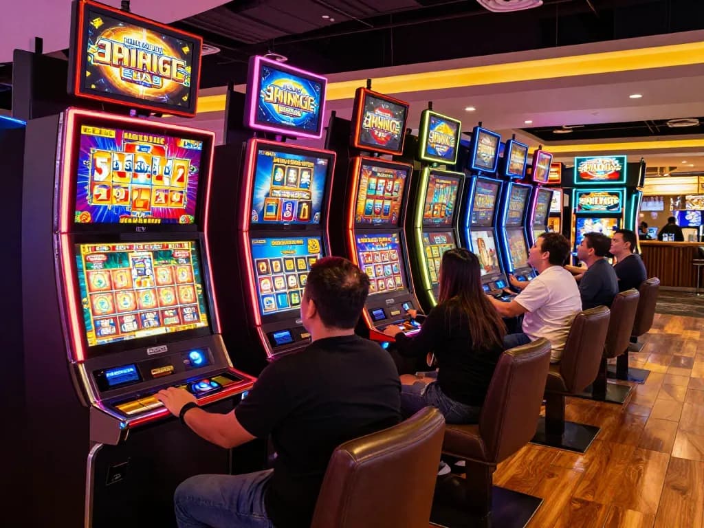 Players enjoying slot gacor machines with vibrant lights and engaging gameplay in a busy casino environment.