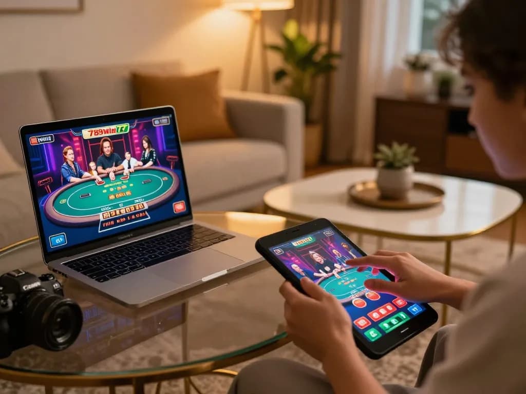 Player engaging with 789win77 online poker interface on laptop, emphasizing interactive gaming.