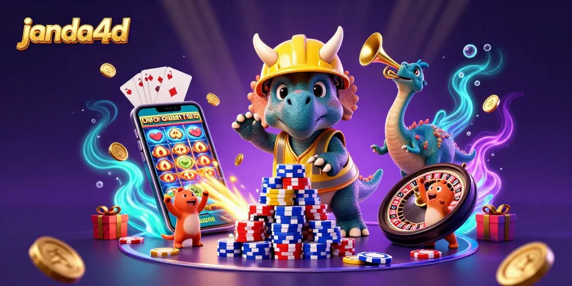Bermain di janda4d dengan triceratops yang membangun chip poker, ponsel menampilkan permainan slot.