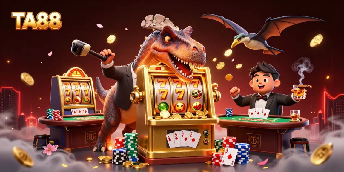 TA88 showcases a pachycephalosaurus winning with a slot machine in a vibrant casino scene.