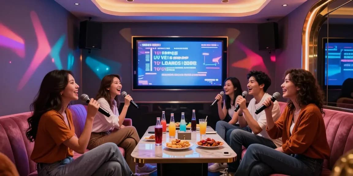 강남가라오케에서 친구들과 즐거운 노래를 부르는 모습, 화려한 조명과 고급스러운 분위기.
