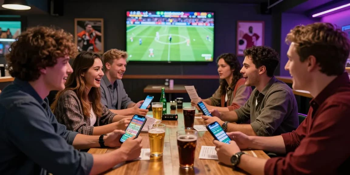 Situs Taruhan Bola Terpercaya - Friends actively cheering and betting on a football match in a vibrant lounge setting