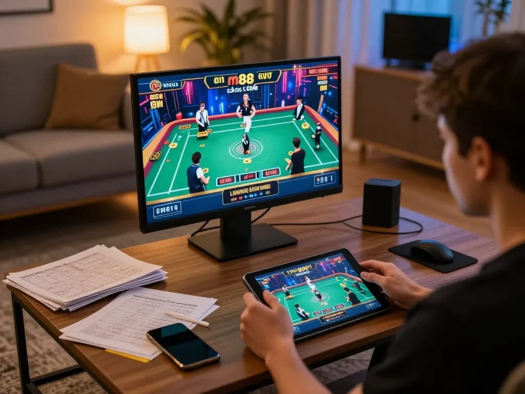 Tham gia vào m88 cá cược trực tuyến, một người đang chơi trò chơi casino trực tuyến trên máy tính bảng trong một không gian ấm cúng tại nhà.