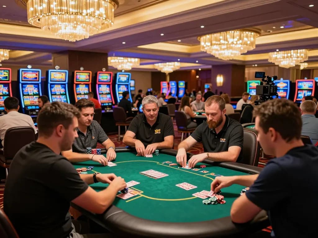 Intense gameplay at 78win's upscale casino floor, showcasing engaged players and vibrant gaming atmosphere.