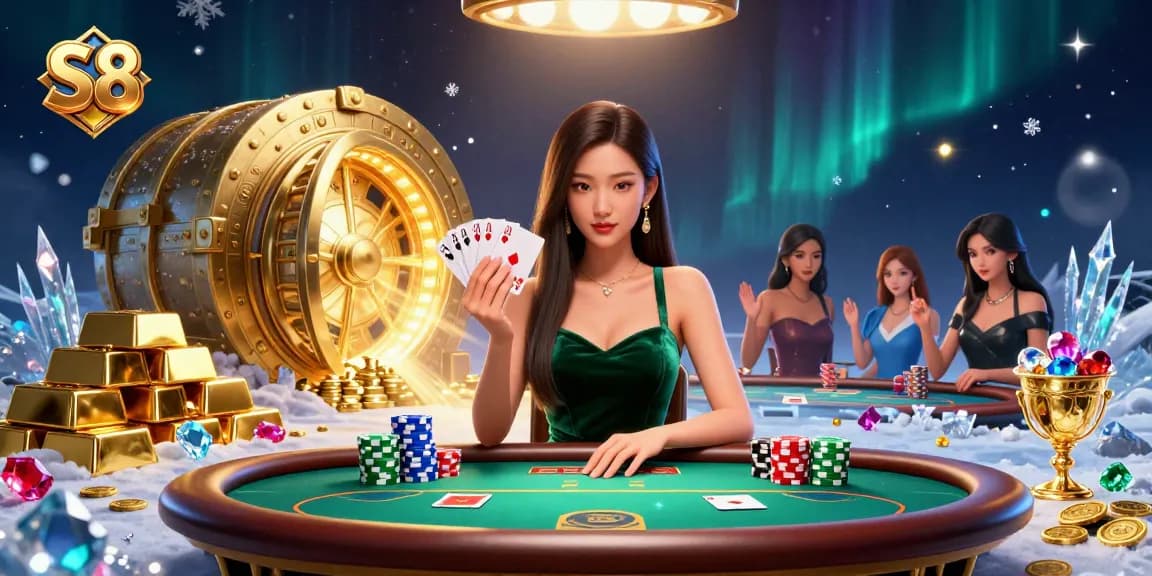 Engage in thrilling poker gameplay at S8 with a stunning Asian dealer and dazzling casino elements.