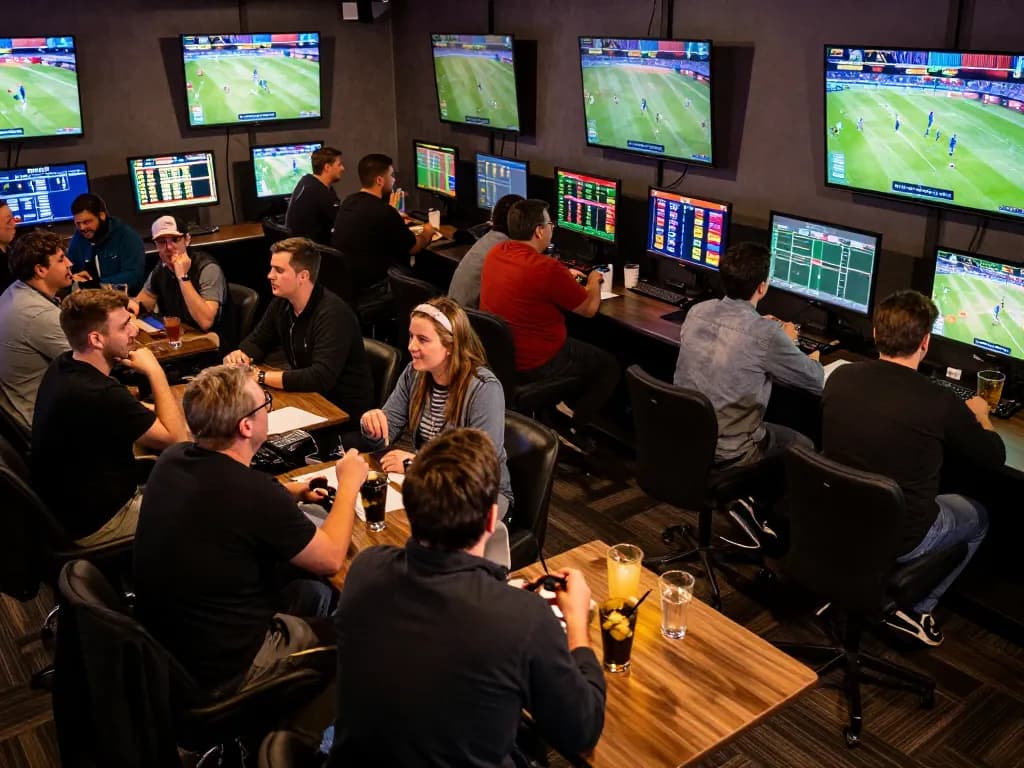 Experience the excitement of sports betting at ALO8 with engaged bettors analyzing odds and enjoying live games.
