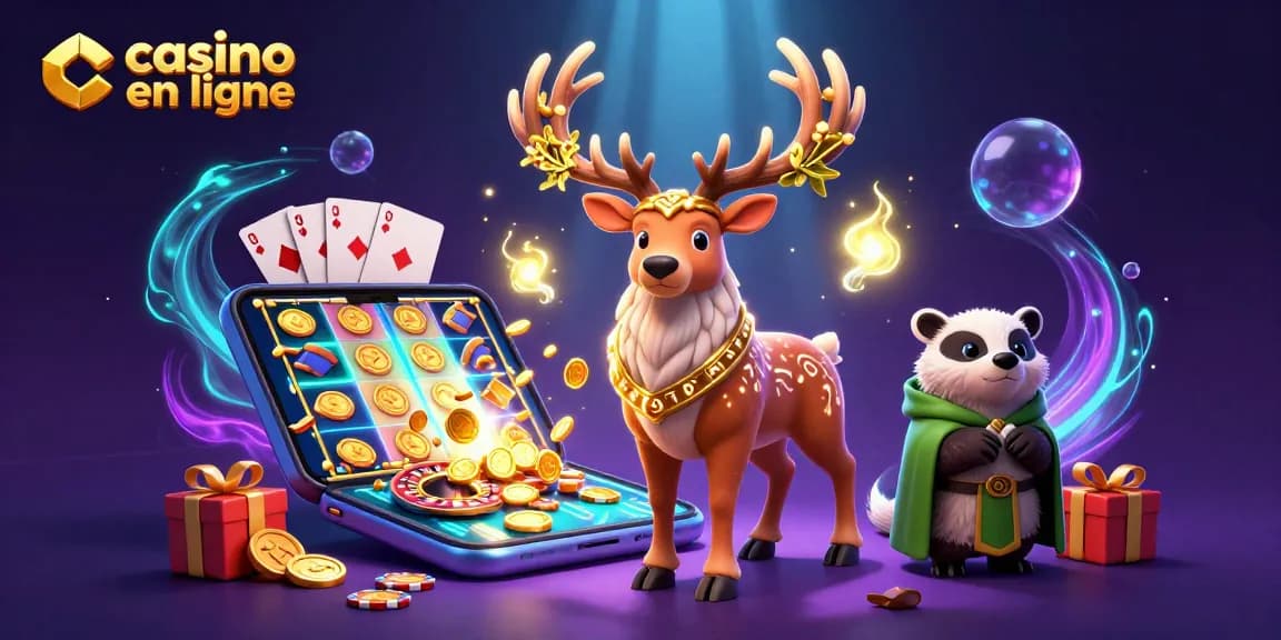 Explorez les jeux de casino en ligne avec un cerf druide et un blaireau, entourés de gains en lumières.