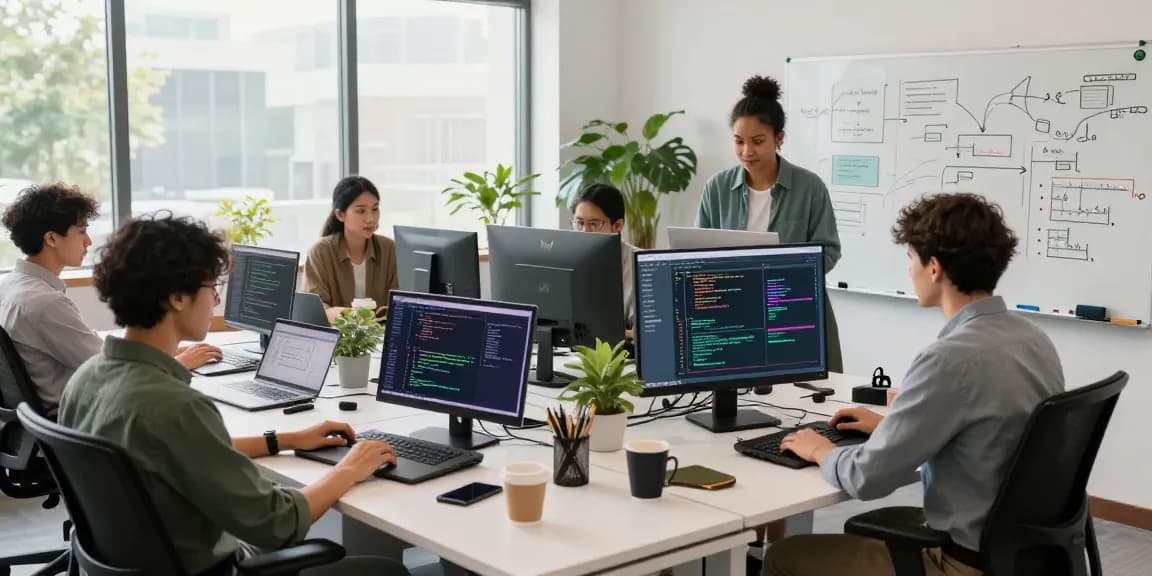 Team collaborating with NAGA2000 in innovative tech workspace, showcasing vibrant code and dynamic teamwork.