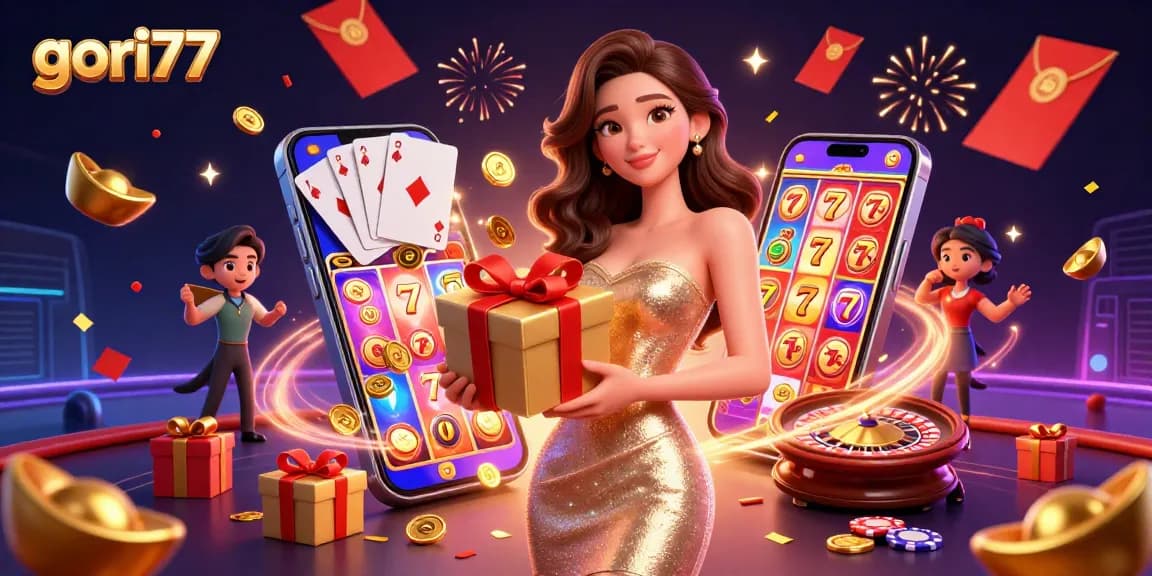 Experience gori77's exciting casino atmosphere with a stunning model amidst festive gaming elements.