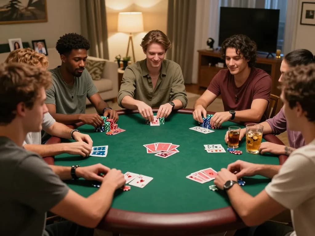 Friends enjoying a game of poker at home with kerajaanslot atmosphere and cozy lighting.