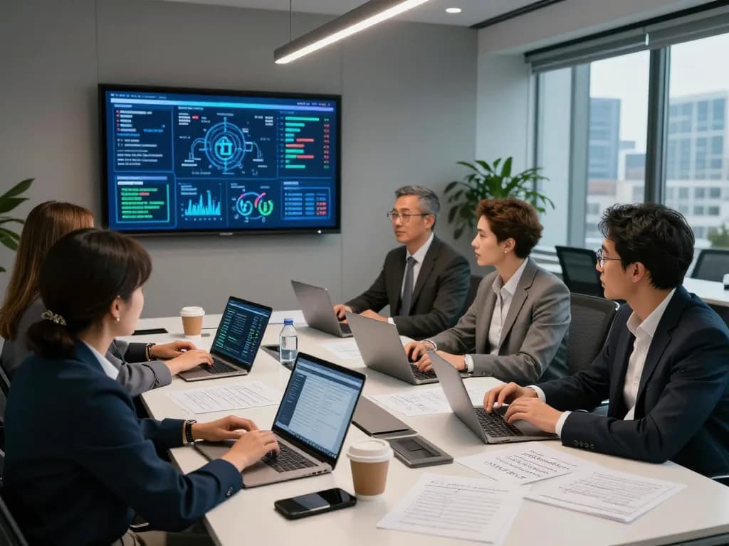 Team discussing security challenges in an office environment with data dashboards and collaborative tools.