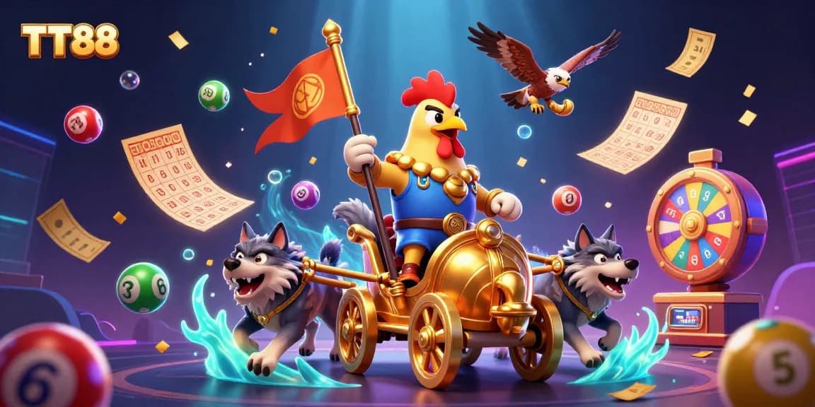 Experience the excitement of TT88 as a cartoon rooster warlord leads a vibrant casino adventure.