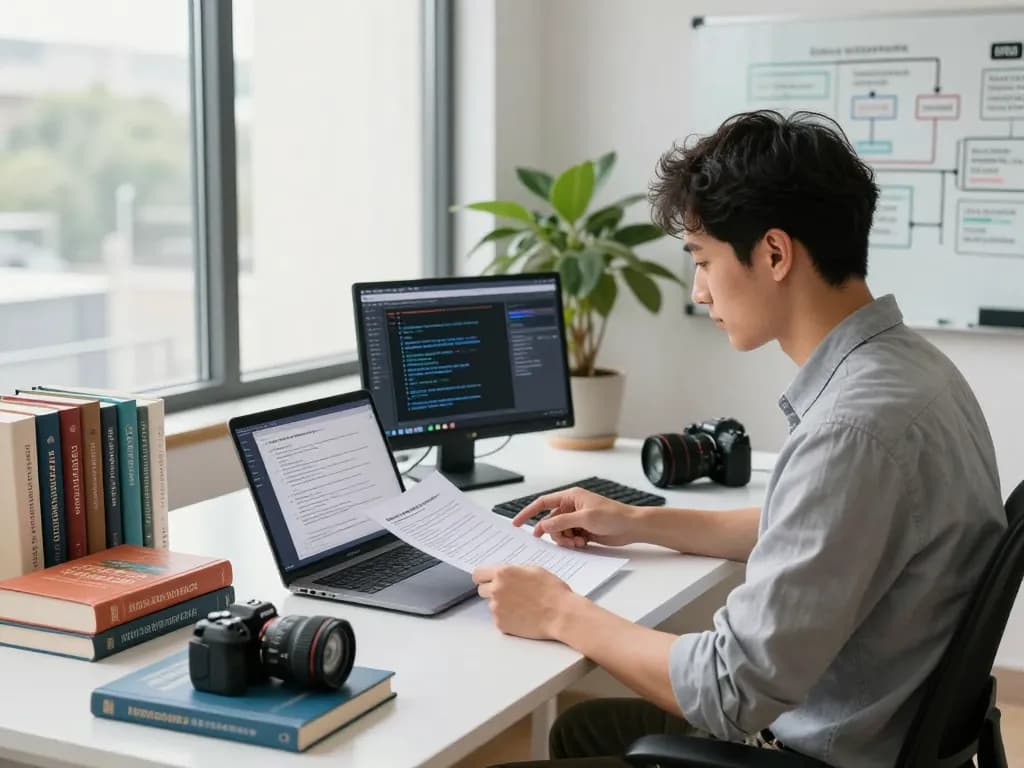专业语言学家在现代工作空间中使用有道翻译，配备AI工具、书籍和自然光。