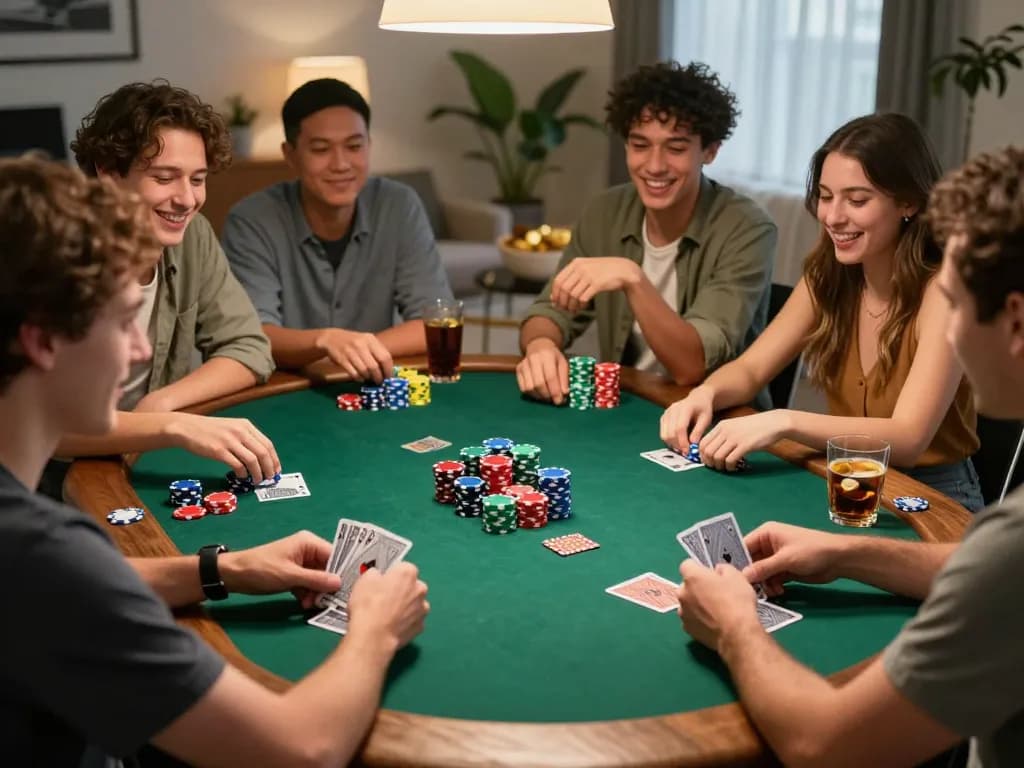 Friends enjoying a poker game at home, experiencing the thrill of winning with Bongdallu strategies.