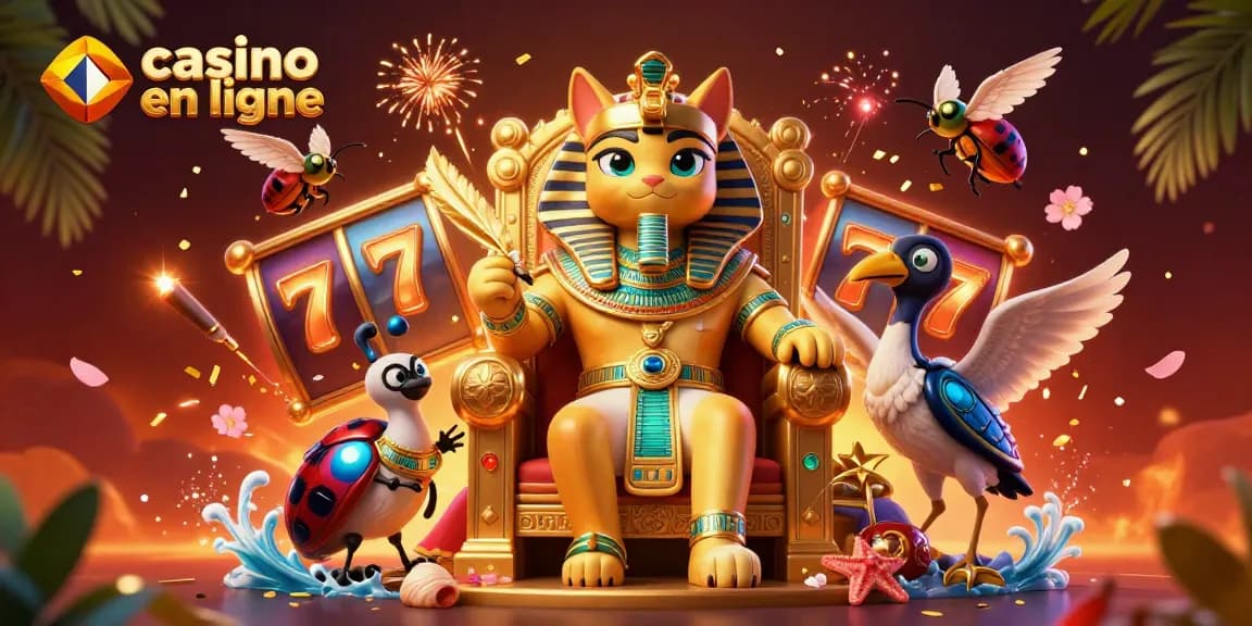 Jouez au casino en ligne avec le chat pharaonique et des rouleaux lumineux autour d'une ambiance festive.