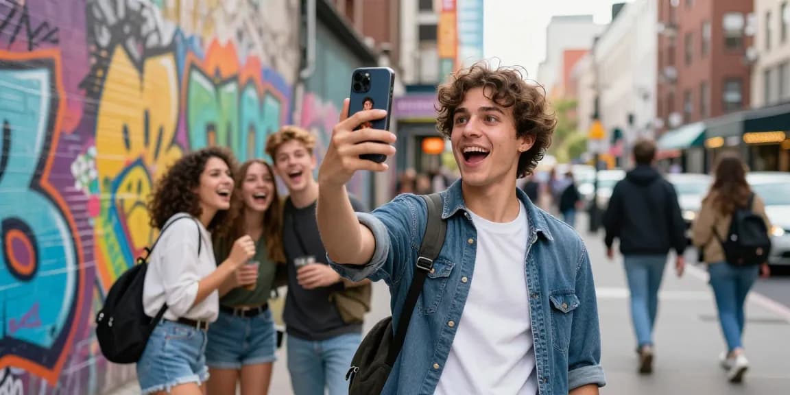 Find your celebrity look alike using a selfie in a lively urban scene with trendy attire.