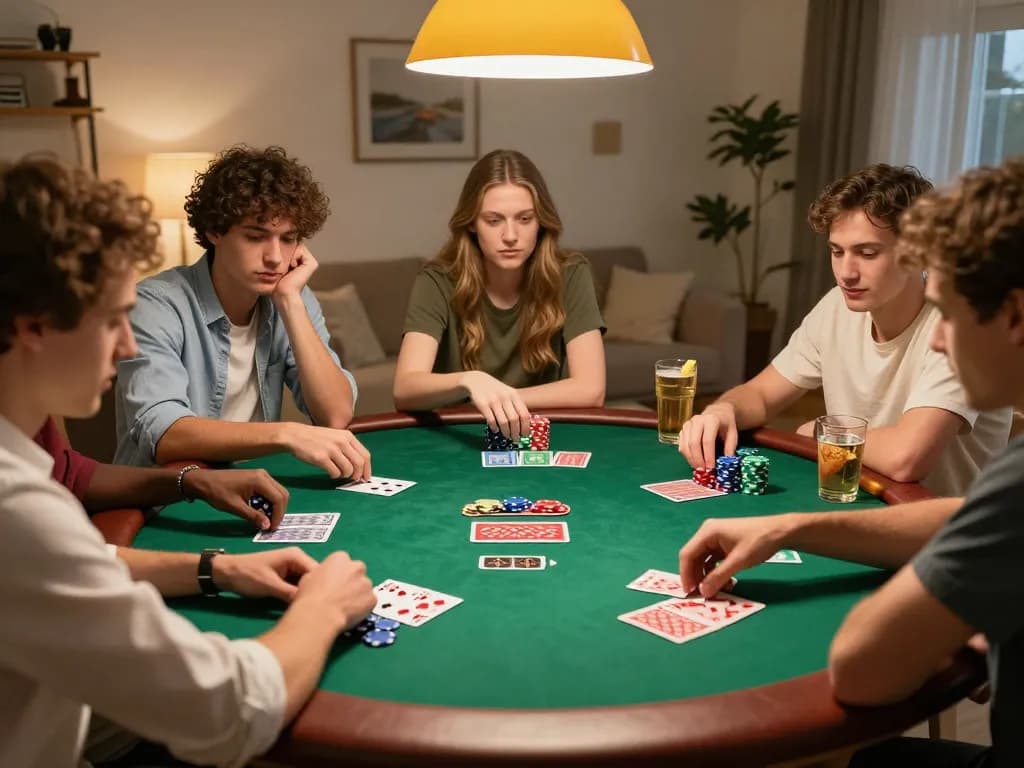 O8 players enjoying a lively poker game night with colorful chips and cards on the table