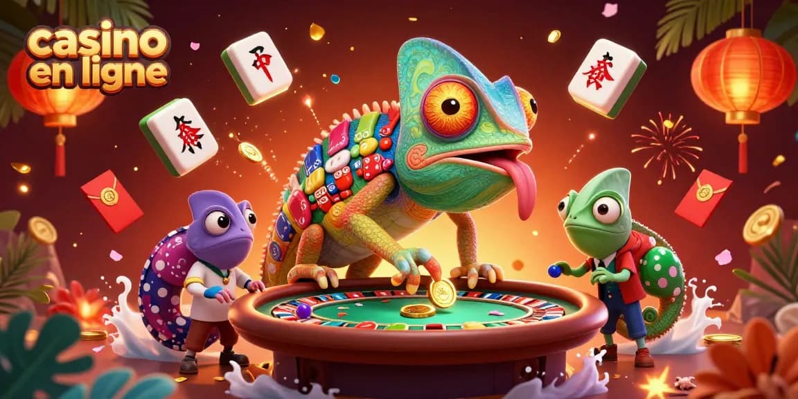 Un caméléon aux couleurs de poker surveillant une salle de casino en ligne dynamique.