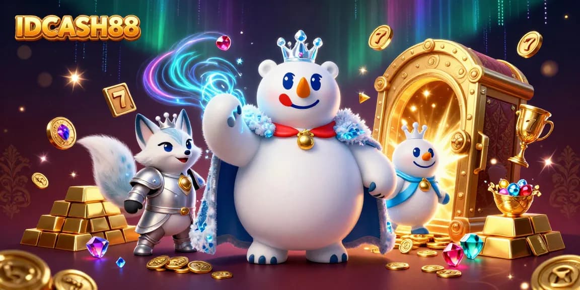 Engage with IDCASH88's 3D illustration revealing a magical casino adventure filled with treasures.
