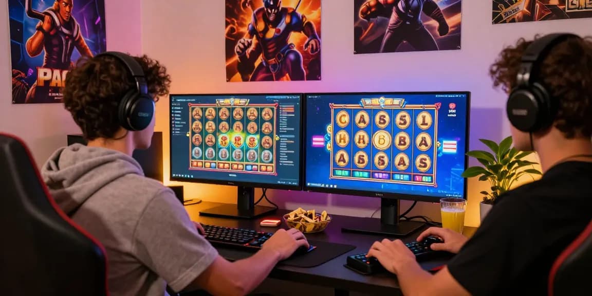 Engaging slot gaming experience showing a gamer focused on slot depo 1k games with vibrant graphics and cozy room setup