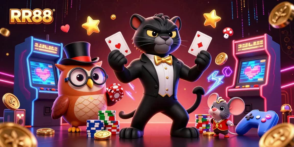 Engage in exciting gaming action with RR88's vibrant 3D casino scene featuring playful characters and dynamic game elements.