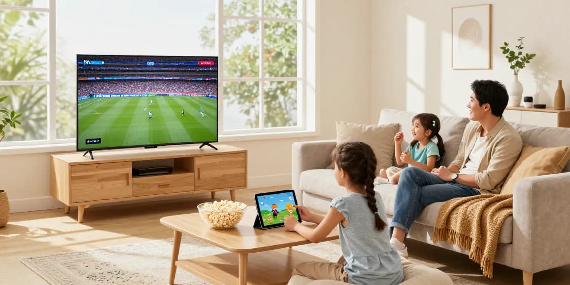 Family enjoying IPTV service with sports on TV and education on tablet.