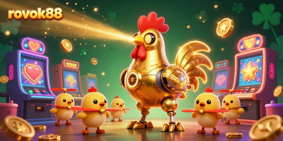 Engage with rokok88's lively casino scene featuring a futuristic rooster robot and vibrant slot machines.