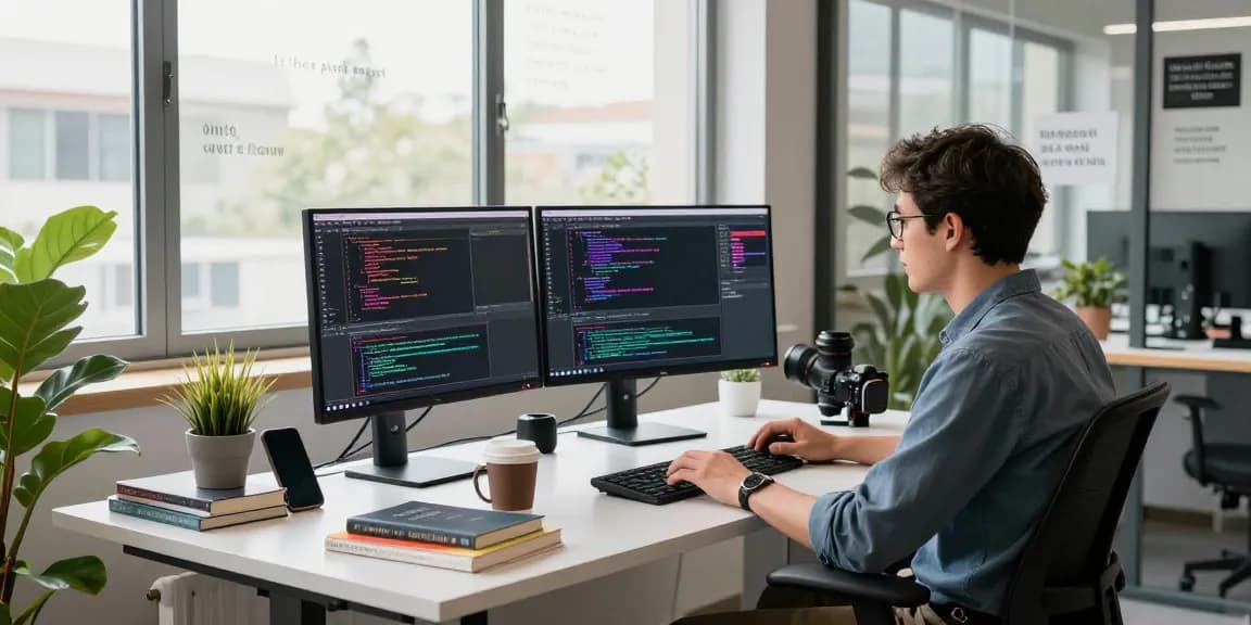 Developer coding in a modern workspace with bdtjl applications on screens and coffee nearby.