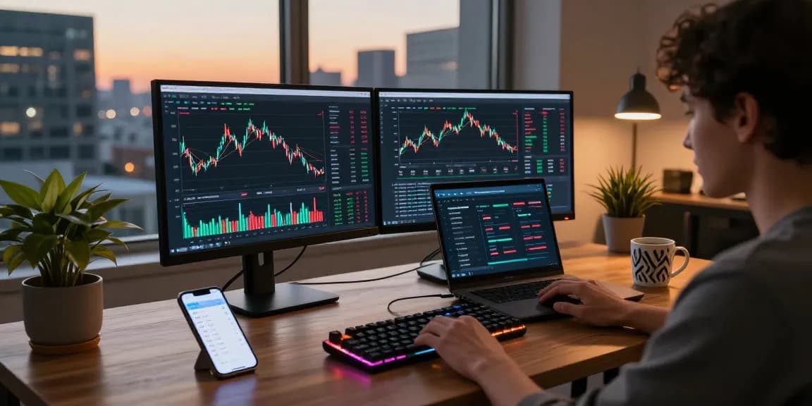 Engaging cryptocurrency trading scene showcasing cloud mining without hardware on multiple screens and devices, emphasizing modern technology and secure digital assets management.