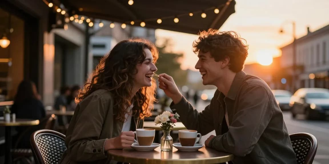Young couple enjoying a crush on each other at a cozy café during sunset.