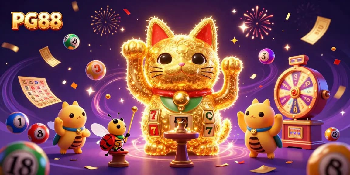 Engage in the vibrant world of PG88 with a dynamic scene featuring a giant lucky cat surrounded by casino symbols.