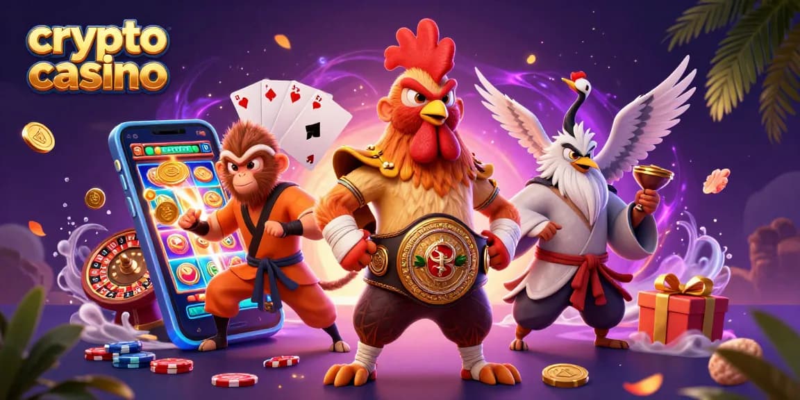 Scopri la passione del crypto casino con un gallo Muay Thai, una scimmia Shaolin e un maestro con monete dorate e giochi emozionanti.