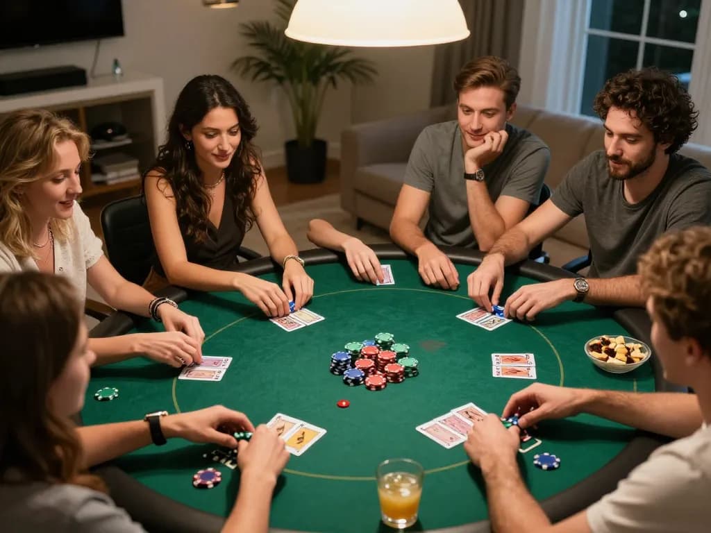 Friends enjoying a poker night at home, showcasing strategy and excitement with Hitclub.
