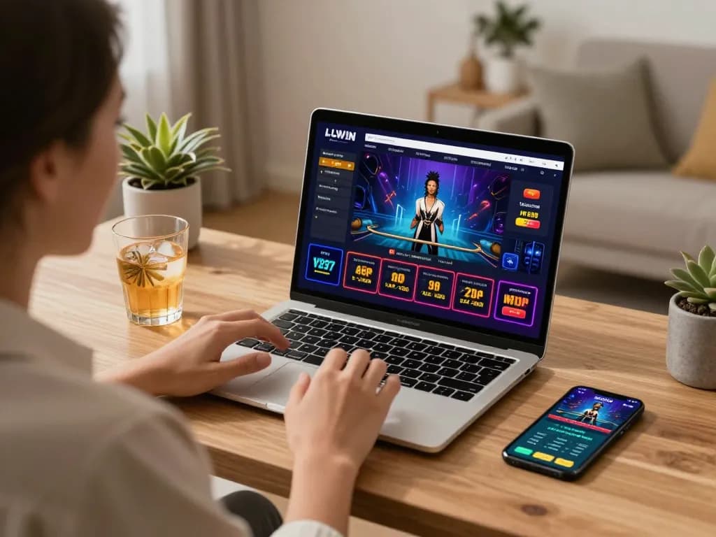 Engaging in live dealer games on LLWIN from a stylish home setup for an immersive experience.