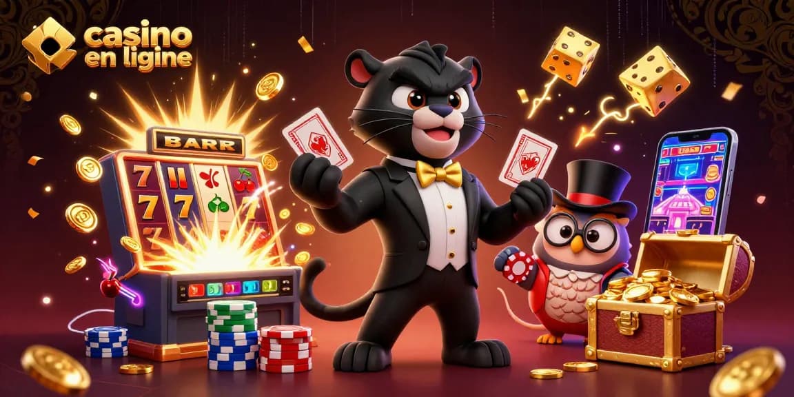 Jouez au casino en ligne avec style : illustration d'un personnage en costume élégant, un hibou et une souris chanceuse.