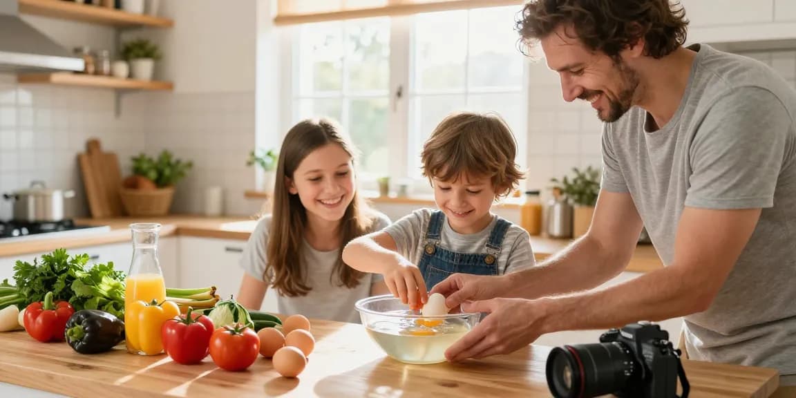 Menampilkan keluarga menggunakan panduan Egg Float Test Sumber dari https://www.eggfloattest.com/contact untuk memeriksa kesegaran telur di dapur.